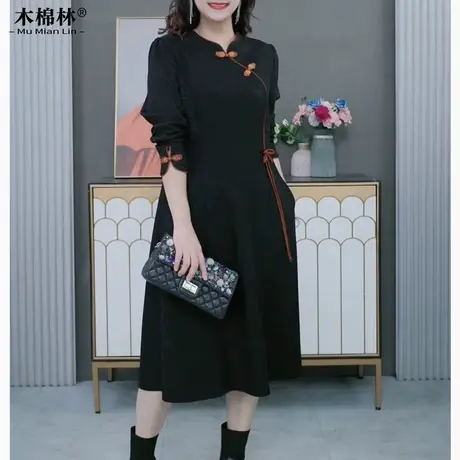 胖mm加肥加大新中式连衣裙春秋高档气质遮肉显瘦妈妈大码女中长裙商品大图