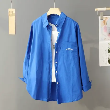 2024新款春季韩系宽松蓝色衬衫外套女薄款长袖上衣休闲慵懒风衬衣图片