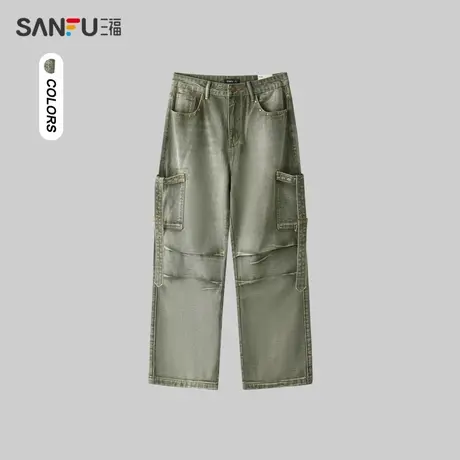 三福2024春季男士机能工装直筒牛仔裤 街头潮酷长裤男482281商品大图