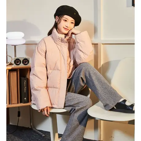 唐狮2024新款女短款羽绒服粉嫩少女带围巾一套韩系温柔时尚潮流商品大图