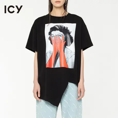 icy女装设计街头风圆领前卫不对称印花T恤女短袖中长款上衣图片