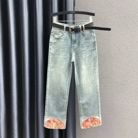 中国风拼接刺绣牛仔直筒裤女2024春季新款高腰显瘦弹力九分烟管裤图片