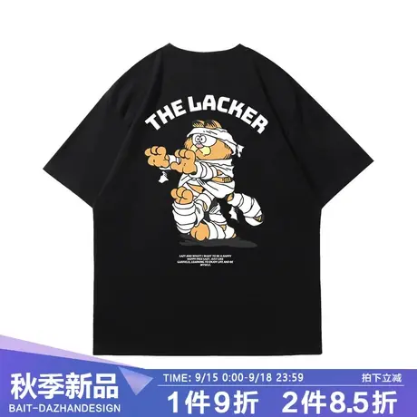 潮牌美式街头夏季短袖T恤男女同款卡通加菲猫潮酷休闲情侣上衣棉图片