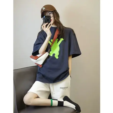 小熊印花纯棉短袖t恤女设计感小众夏季2022新款宽松圆领半袖上衣商品大图