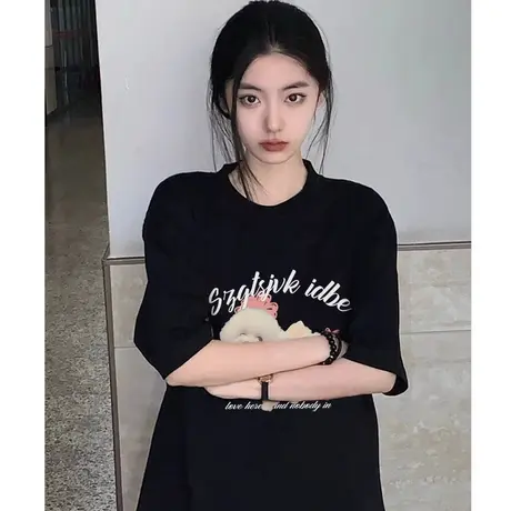 黑色纯棉短袖t恤女夏季宽松显瘦美式复古chic港风宽松半袖上衣潮商品大图