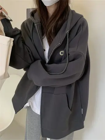 秋冬加绒开衫卫衣女oversize慵懒风外套美式复古加厚连帽上衣潮图片