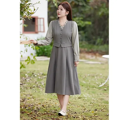 2024春装新款法式复古拼接假两件V领长袖大码胖MM遮肉显瘦连衣裙图片