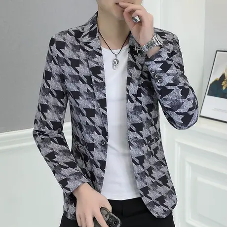 时尚男士格子纹西服春秋季潮牌拼色轻熟风男装韩版休闲小西装外套商品大图