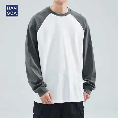 hansca 撞色插肩袖圆领长袖t恤男春季纯棉重磅潮牌宽松打底衫卫衣商品大图