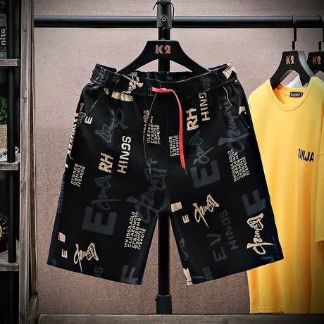 2023新款冰丝短裤男士夏季薄款潮牌印花休闲五分裤运动沙滩大裤衩商品大图