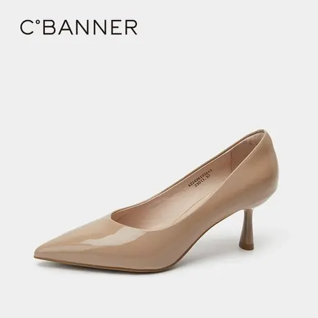 千百度女鞋秋季新品高跟鞋杏色单鞋细跟尖头法式晚风纯色浅口商品大图