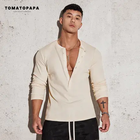 TOMATOPAPA原创秋冬长袖T恤亨利领运动休闲贴身打底衫柔软男上衣商品大图