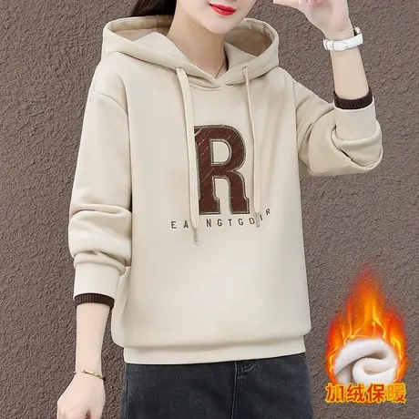 加绒连帽卫衣女秋冬2023年新款时尚宽松休闲上衣百搭加厚套头外套图片
