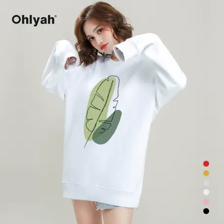 Ohlyah品牌 上衣ins女潮牌卫衣oversize韩版宽松无帽白色圆领女装图片
