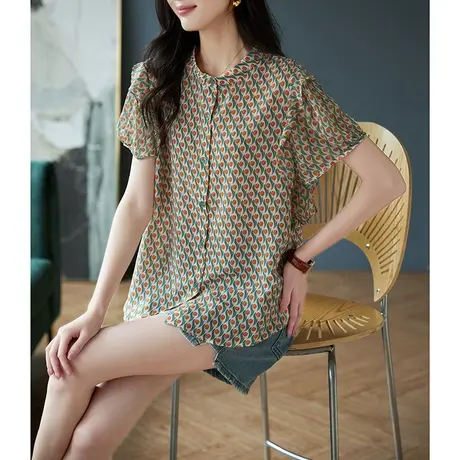 宝诗黎圆领印花荷叶边宽松衬衫女新款2023年夏季短袖洋气休闲上衣商品大图