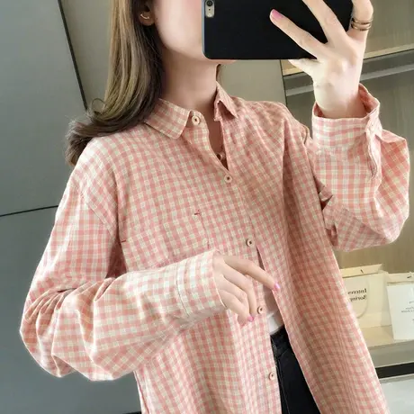 格子衬衫女春季设计感复古港味春款女装新款春秋长袖上衣女士衬衣图片