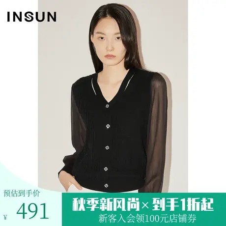 恩裳COVER初春秋时尚拼接通透顺纡雪纺袖流行华夫饼针织衫图片