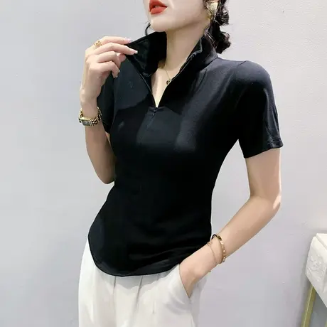 女装2023新款拉链翻领T恤短袖夏洋气百搭小衫设计感别致修身上衣商品大图