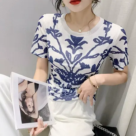 时尚印花网纱T恤女短袖2023夏装新款气质圆领上衣百搭修身小衫潮商品大图