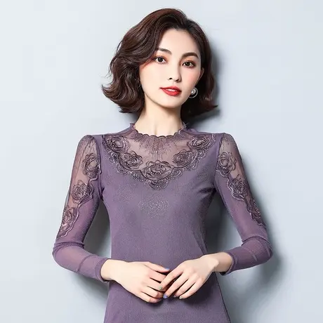 黑色网纱打底衫女春内搭设计感小众长袖上衣性感洋气蕾丝薄款t恤商品大图