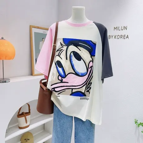 欧洲站洋气个性宽松大版T恤2023夏款韩版港风中长款胖MM上衣遮肉商品大图
