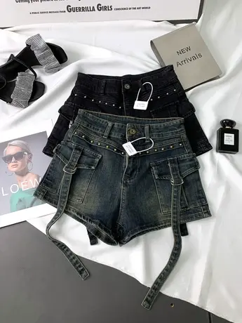 韩版做旧金属铆钉牛仔短裤女2023秋季新款显瘦百搭绑带高腰包臀裤图片