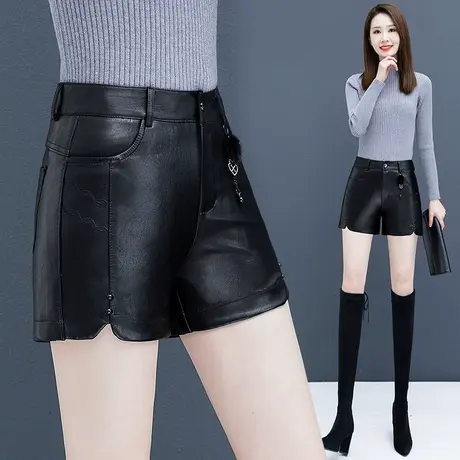 黑色皮短裤女高腰小个子开叉直筒休闲裤子2023新款PU皮裤百搭靴裤图片