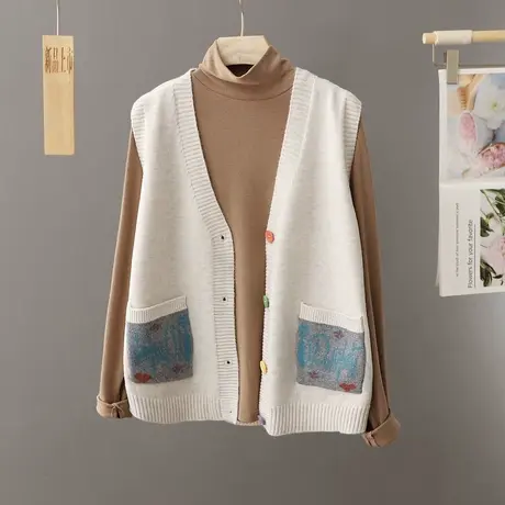 秋冬复古V领毛衣马甲女开衫无袖上衣学院风百搭针织马夹背心外套商品大图