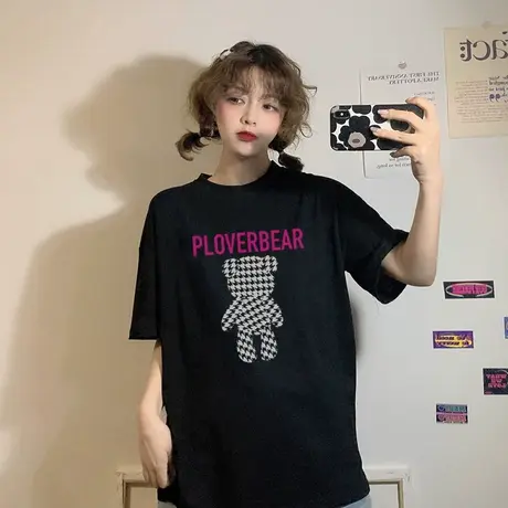 春秋韩版2023新款宽松大码古着感小熊印花黑色情侣短袖T恤上衣女商品大图