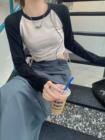 早秋季上衣女新款2023年内搭打底衫修身显瘦抽绳长袖t恤女春秋款图片