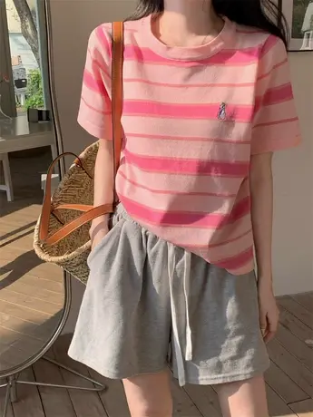 日系复古条纹撞色减龄t恤女夏季宽松显瘦学生chic正肩短袖上衣潮商品大图