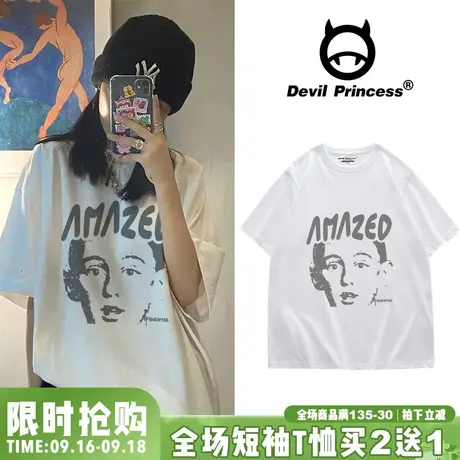 韩版ins潮牌高街bf原宿风夏季新款印花圆领宽松短袖小众T恤男女商品大图