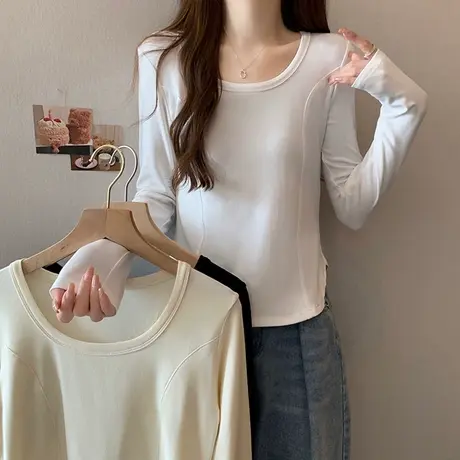 2023新款鱼骨长袖T恤女秋季小个子短款修身小衫纯色简约上衣体恤商品大图