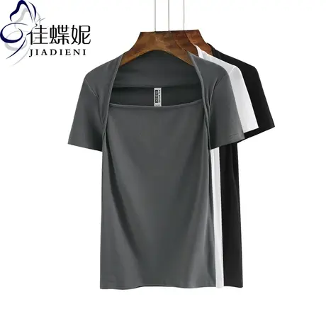 春韩版修身短袖纯棉体恤上衣新款女装纯色休闲打底衫包肩内搭T恤图片