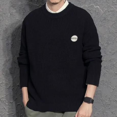 设计感徽章菠萝纹纯色圆领毛衣男士宽松日系潮复古百搭休闲针织衫商品大图