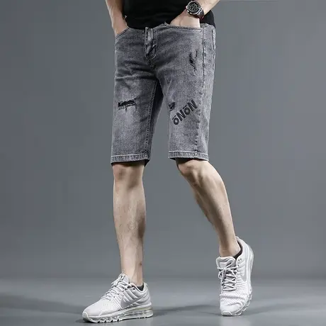 破洞牛仔短裤男2023夏季新款灰色印花修身潮牌男士五分休闲裤子男商品大图