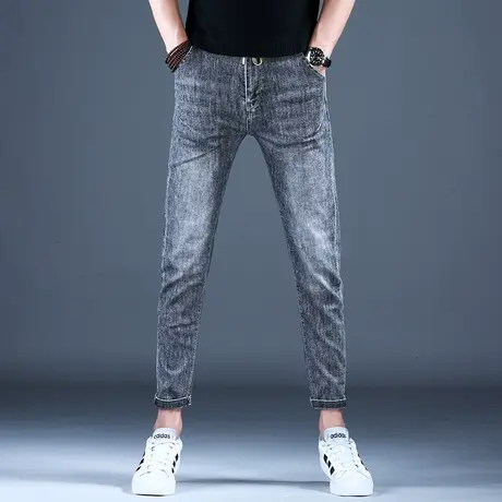 男士新款牛仔裤子简约深灰色刺绣修身小脚裤2023秋款男潮牌棉弹裤图片