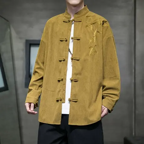 秋冬季灯芯绒面料长袖衬衫男中国风中式上衣复古刺绣宽松盘扣外套商品大图