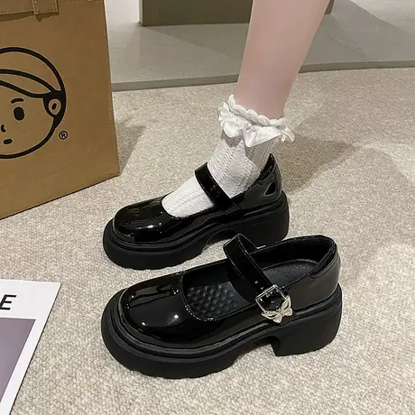 玛丽珍黑色单鞋女夏季2023新款粗跟英伦风复古小皮鞋学生JK高跟鞋商品大图