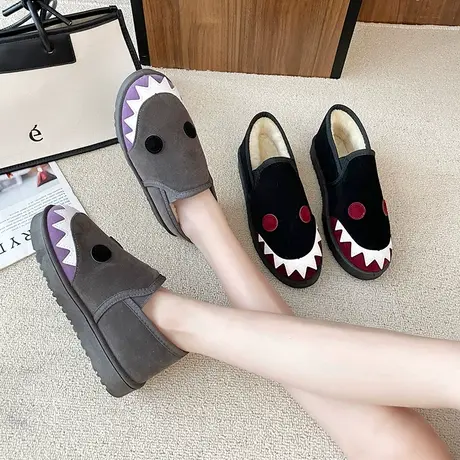 韩版冬季萌系卡通雪地靴女一脚蹬学生短靴可爱鲨鱼平底加厚靴棉鞋商品大图