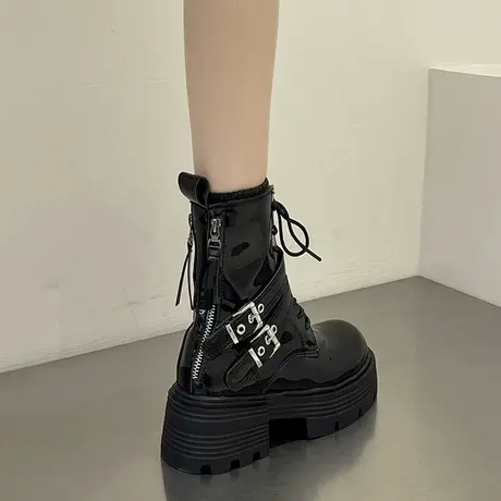 永希双拉链机车马丁靴子女冬2023年春秋季新款增高英伦风厚底短靴商品大图