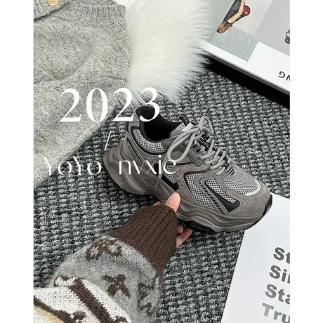 厚底老爹鞋女2023新款秋冬季鞋子加绒百搭复古爆款轻便休闲运动鞋图片