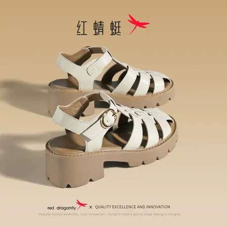 REDDRAGONFLY红蜻蜓 凉感夏日~罗马凉鞋女厚底粗跟复古女士猪笼鞋图片