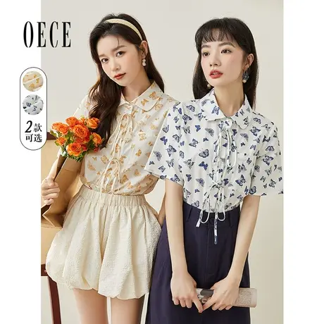 Oece设计感衬衫2022夏季新款女装法式小众衬衣系带小碎花短袖上衣商品大图