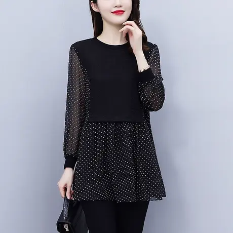 早秋2023年新款秋季女长袖中长款遮肚子雪纺衫胖mm胖妹妹显瘦上衣图片