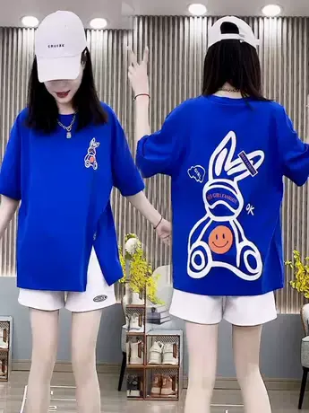 夏季新款女士t恤短袖宽松大码女装圆领印花气质宽松显瘦半袖上衣图片