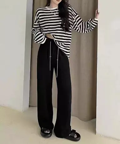 链条腰阔腿裤女2023秋季新款坑条高腰显瘦垂感直筒休闲裤拖地长裤商品大图