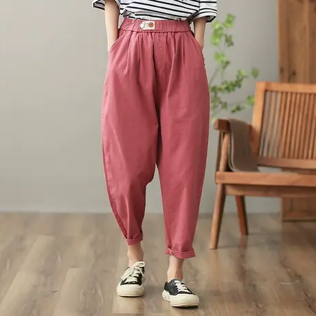dza 高腰显瘦全棉休闲裤女2023春夏纯色九分萝卜裤宽松百搭哈伦裤图片