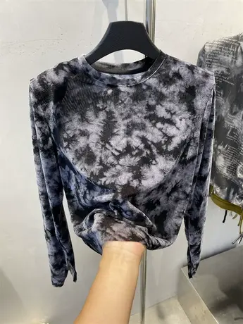 设计感网纱晕染丝绒长袖T恤女2023秋新款时尚袖口开叉垫肩上衣ins图片