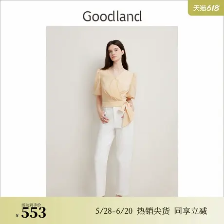 Goodland美地春季法式优雅围裹式泡泡袖衬衫收褶上衣图片